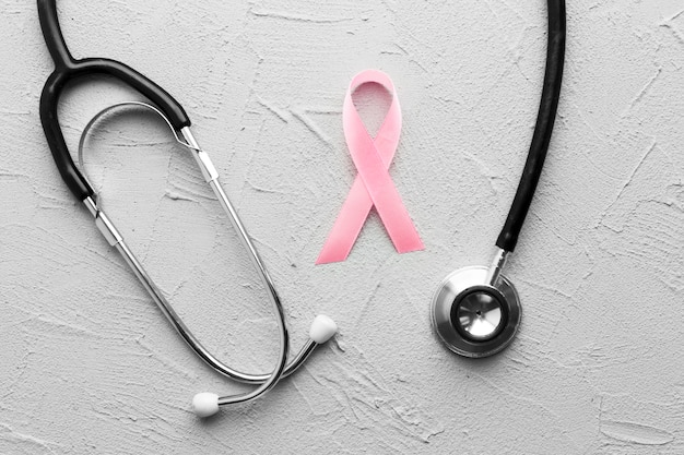 Stethoscope around breast cancer ribbon