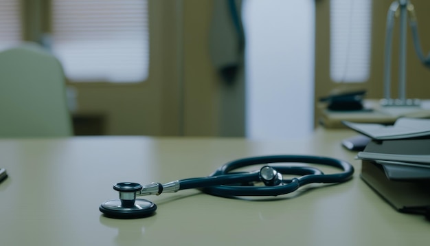 A stethoscope and a blood pressure cuff on a desk