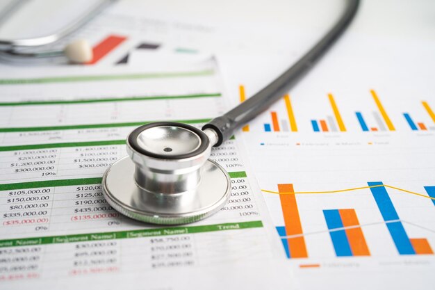 Stethoscope on charts and graphs paper, Finance, Account, Statistics, Investment, Analytic research data economy and Business company concept.