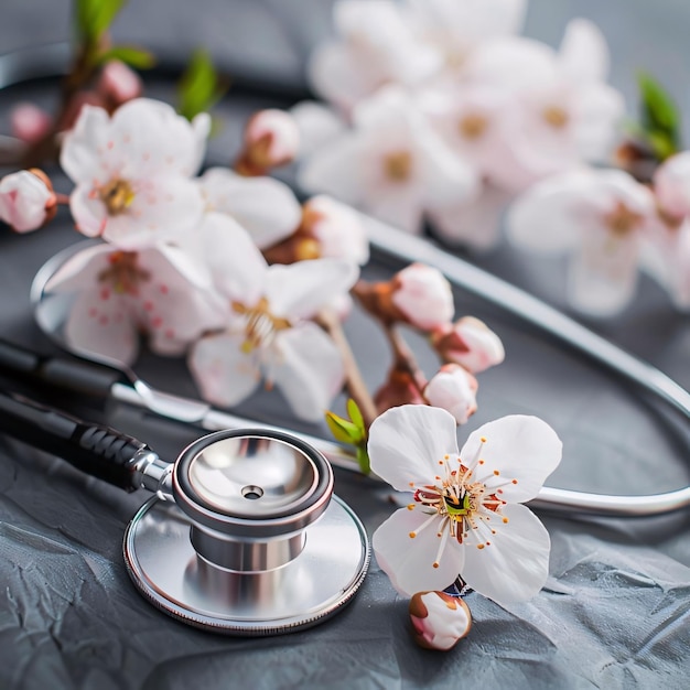 Stethoscope and cherry blossoms on a gray background selective focus