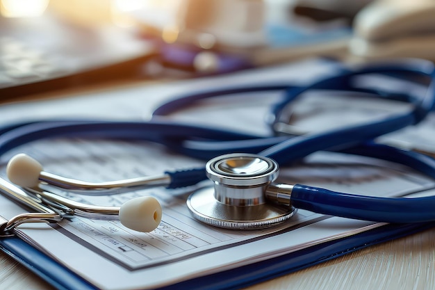 A stethoscope and a clipboard over a light background symbolizing healthcare