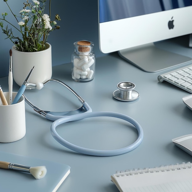 Photo stethoscope computer and medical tools on blue table health care concept