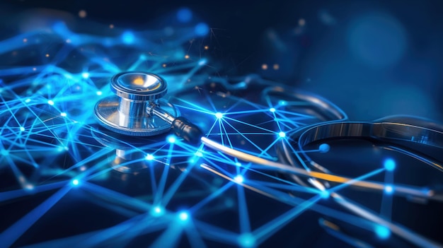 Stethoscope on digital network background symbolizing the integration of technology and healthcare