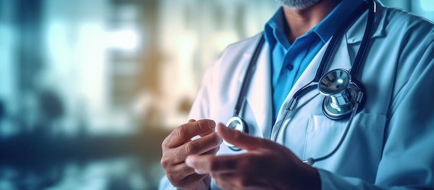 Stethoscope in Doctor39s hand indoor hospital background