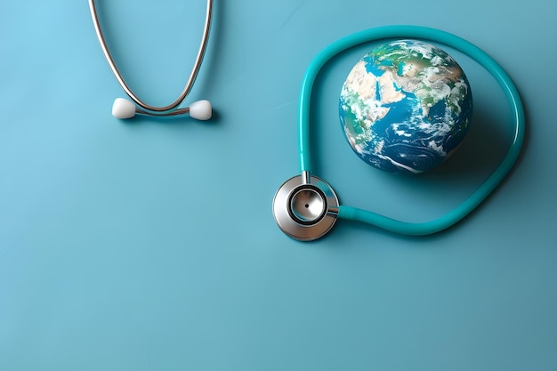 Photo stethoscope and earth globe on blue background with copy space for text