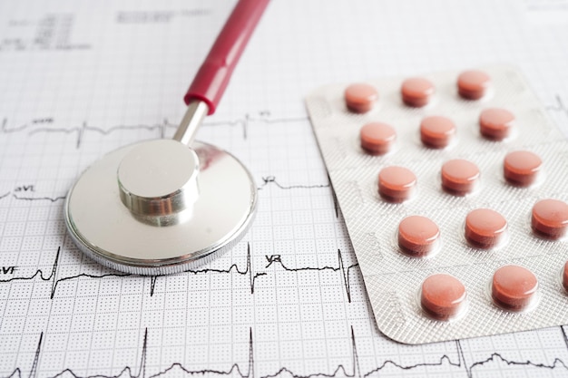 Stethoscope on electrocardiogram ECG with drug heart wave heart attack cardiogram report