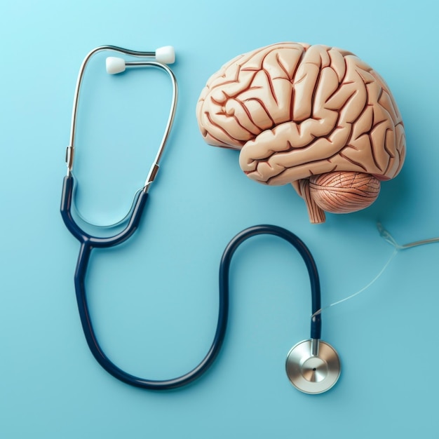 Photo stethoscope examining human brain model on blue background