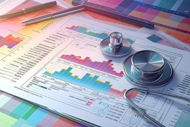 Stethoscope and financial chart on the table 3d render A conceptual illustration of Medical Informatics and Health Care Analytics in a closeup shot AI Generated