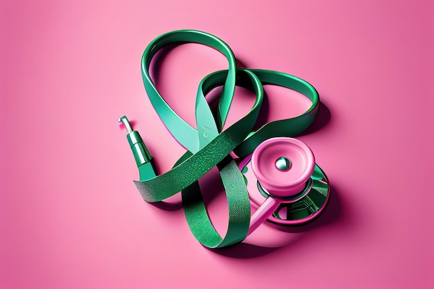 Stethoscope and green awareness ribbon on pink background Generative Ai