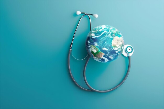 Photo stethoscope hugging earth on blue background