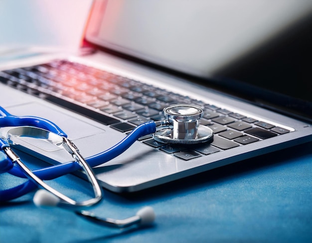 Photo stethoscope on a laptop virus season pandemic