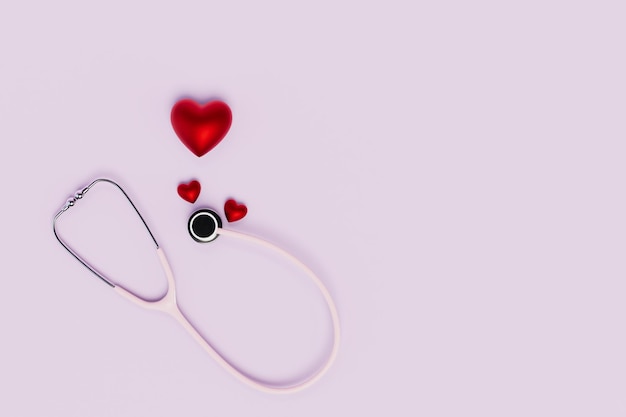 stethoscope to listen to the heartbeat.small red hearts next to a stethoscope on a purple background