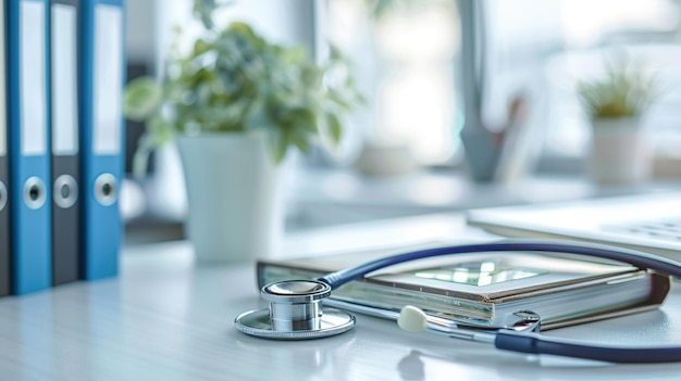 A stethoscope and medical books on an office desk representing health care with blurred background