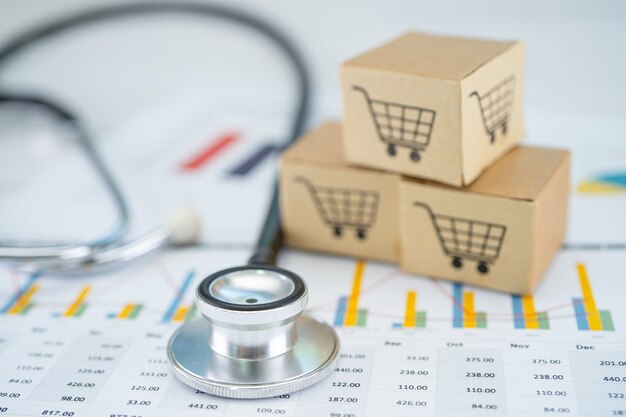 Stethoscope and shopping cart logo on box with graph background. Banking Account, Investment Analytic research data economy, trading, Business import export transportation online company concept.