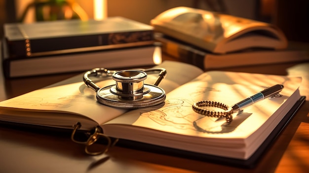 A stethoscope sits on a book with books on the table.