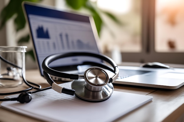 A stethoscope sits on a desk next to a laptop.