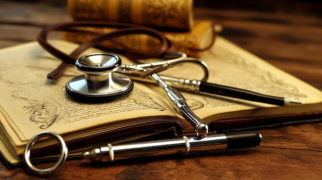 A stethoscope sits on top of a book with a pen on it.