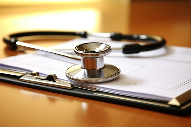 A stethoscope on top of a piece of paper with a pen on it.