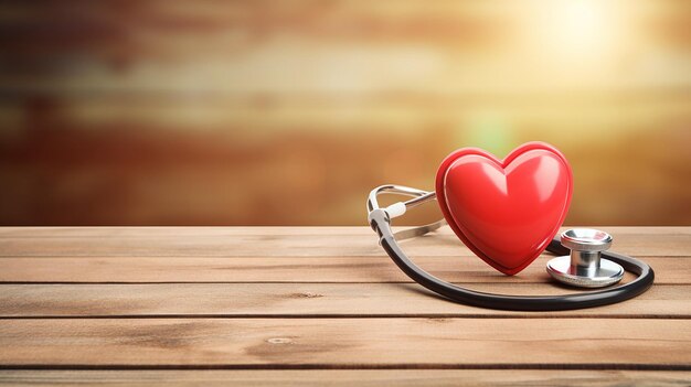 Stethoscope with red heart on a wood background