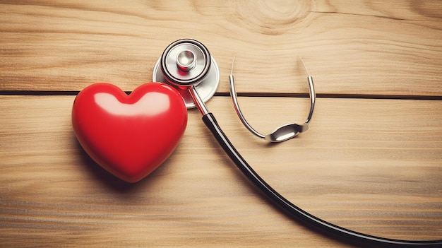 Stethoscope with red heart on a wood background