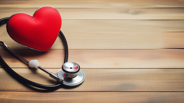 Stethoscope with red heart on a wood background