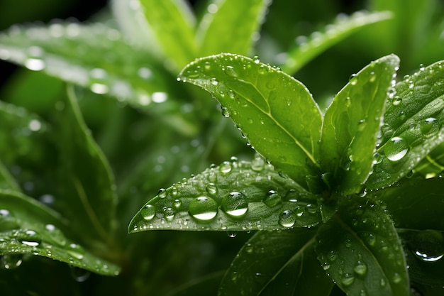 Stevia plant leaves with dewdrops in the morning on a stevia field close up Fresh stevia leaves with waterdrops Natural sweetener sugar substitute alternative sugar No sugar