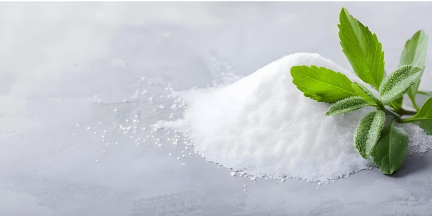 Stevia Powder and Fresh Leaves in Closeup on Light Background Concept Closeup Shot Stevia Powder Fresh Leaves Light Background Food Photography