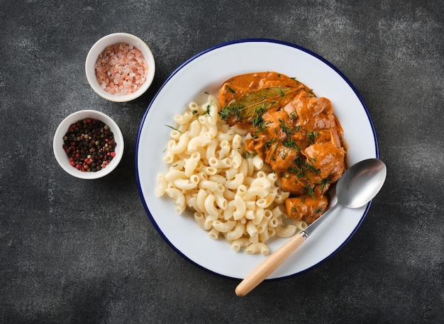 Stew Meat Hungarian Goulash soup with pasta Top view