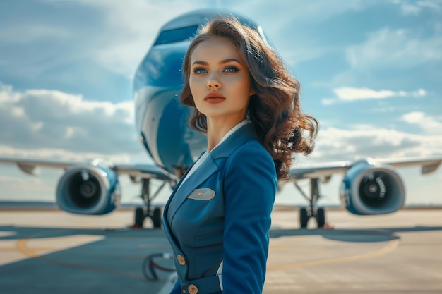 Stewardess in blue uniform in front of a passenger airplane