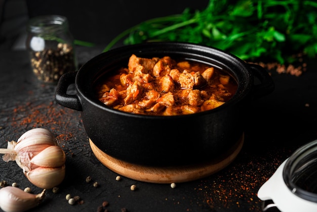 Stewed chicken on a dark background. Chicken goulash. High quality photo