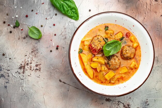 Stewed vegetables with meatballs in a white bowl place for text top view