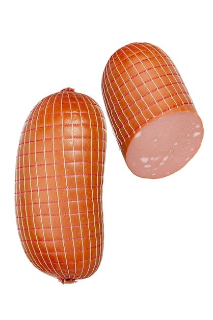 Stick of boiled sausage on a white backgroundDoctor's sausage isolated on a white background