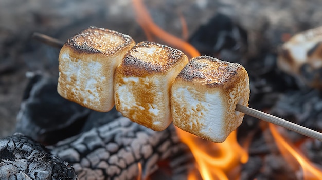 a stick of marshmallows is on a stick next to a fire