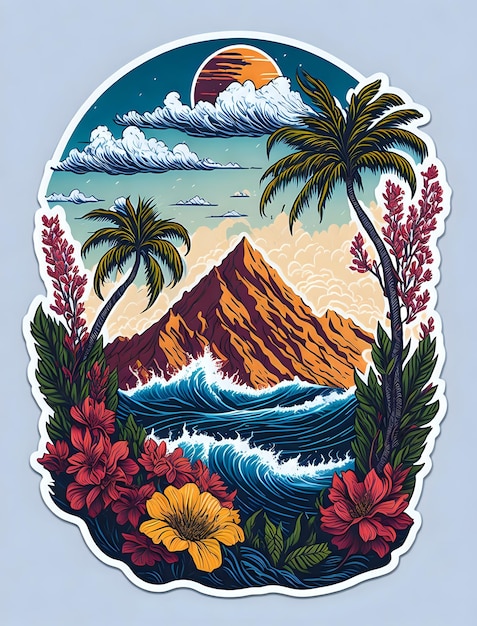 A sticker artwork of tshirt graphic of palm tree in digital painting style