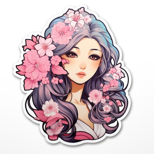 Sticker of a beautiful Japanese Barbie on a white background