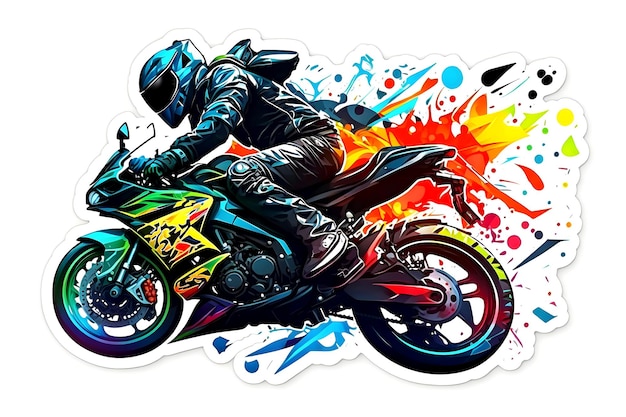 Sticker of Biker on sport motorcycle in watercolor style on white background Neural network generated art