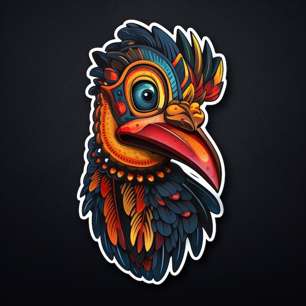 A sticker of a bird with a colorful face is shown.