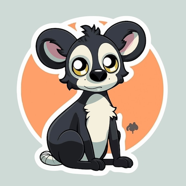 A sticker of a black and white animal with a yellow eye and a black tail.