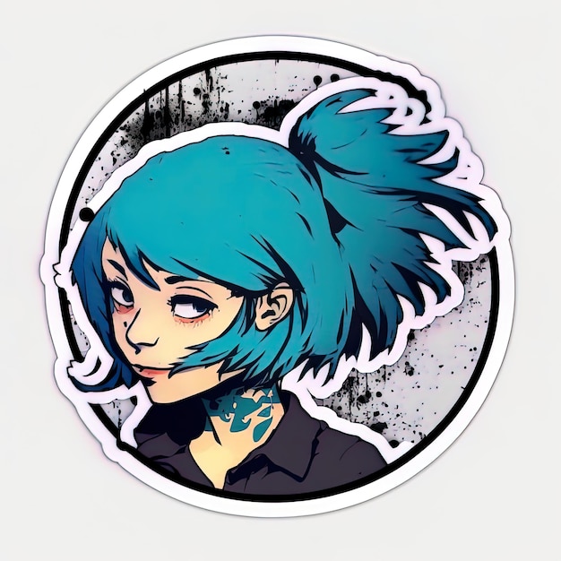 A sticker of a blue haired girl with a black and white background.