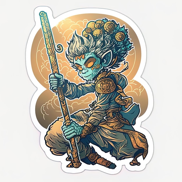 A sticker of a boy with a spear in his hand.