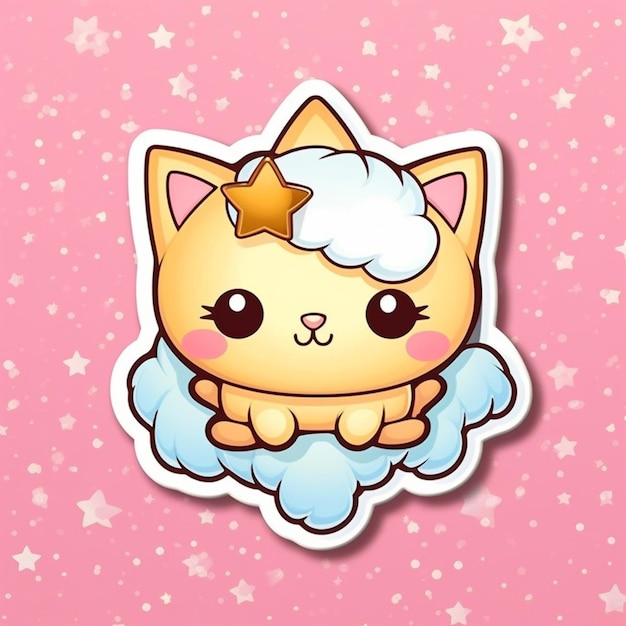 A sticker of a cat on a cloud with stars on it