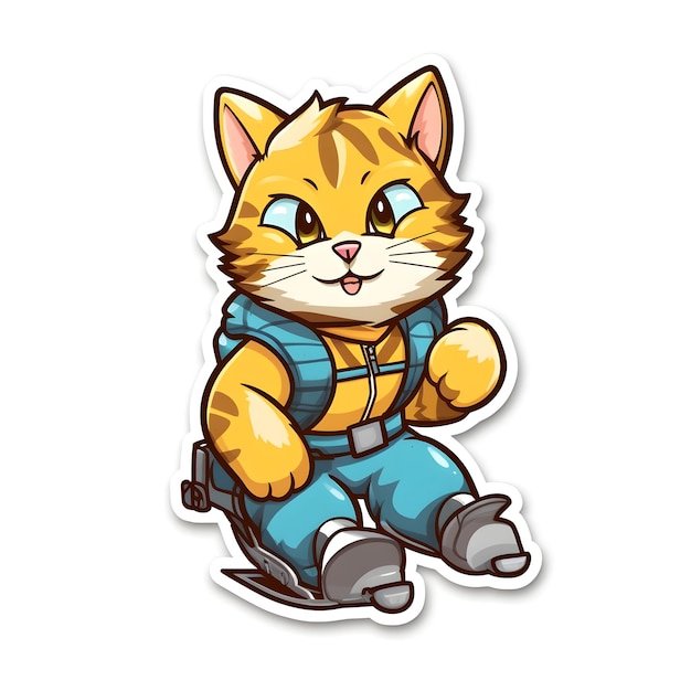 Sticker of a cat wearing a blue vest with the word cat on it.