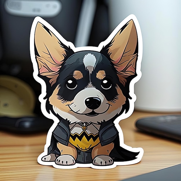 A sticker of a corgi dog with a black cape on it.