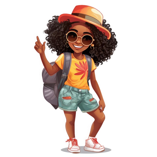 Sticker of a cute Afro girl in urban summer clothes isolated on white background