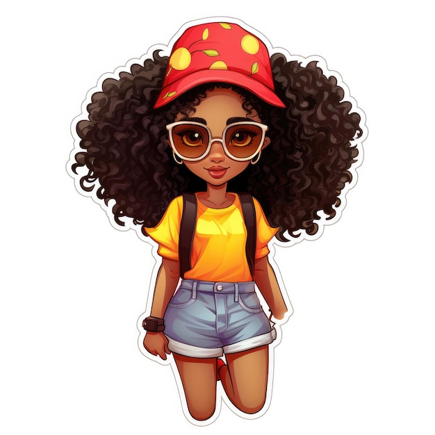 Sticker of a cute Afro girl in urban summer clothes isolated on white background