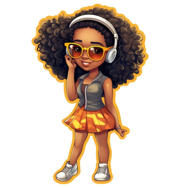 Sticker of a cute Afro girl in urban summer clothes isolated on white background