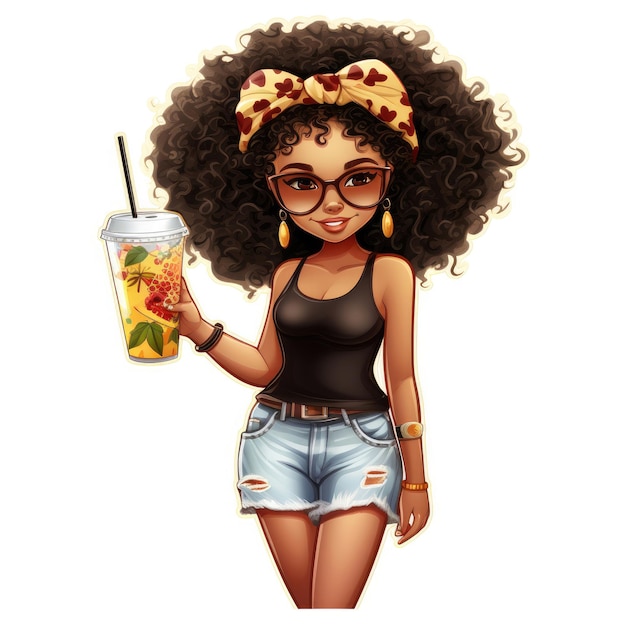 Sticker of a cute Afro girl in urban summer clothes isolated on white background