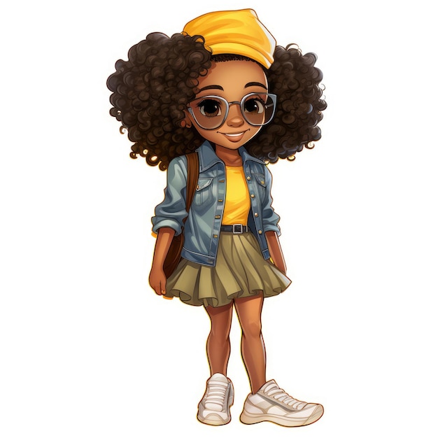 Sticker of a cute Afro girl in urban summer clothes isolated on white background