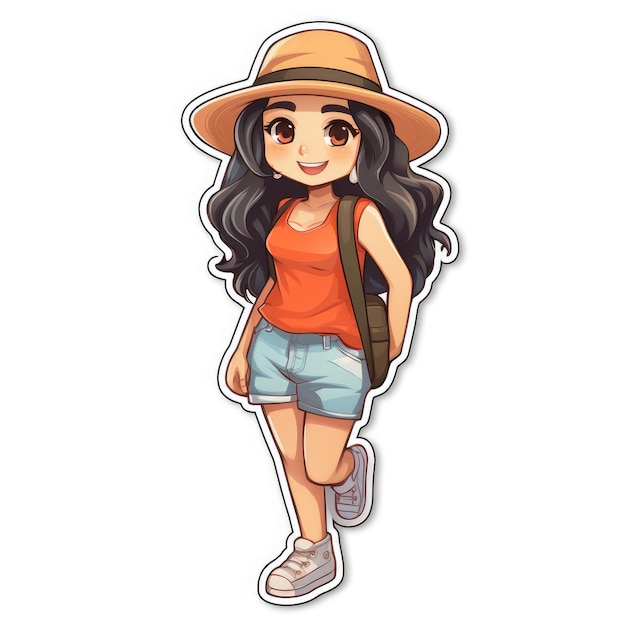 Sticker of a cute Asian girl in urban summer clothes isolated on white background