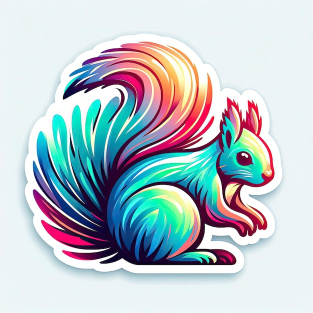 sticker design of cartoon colorful squirrel with a bushy tail isolated on white background